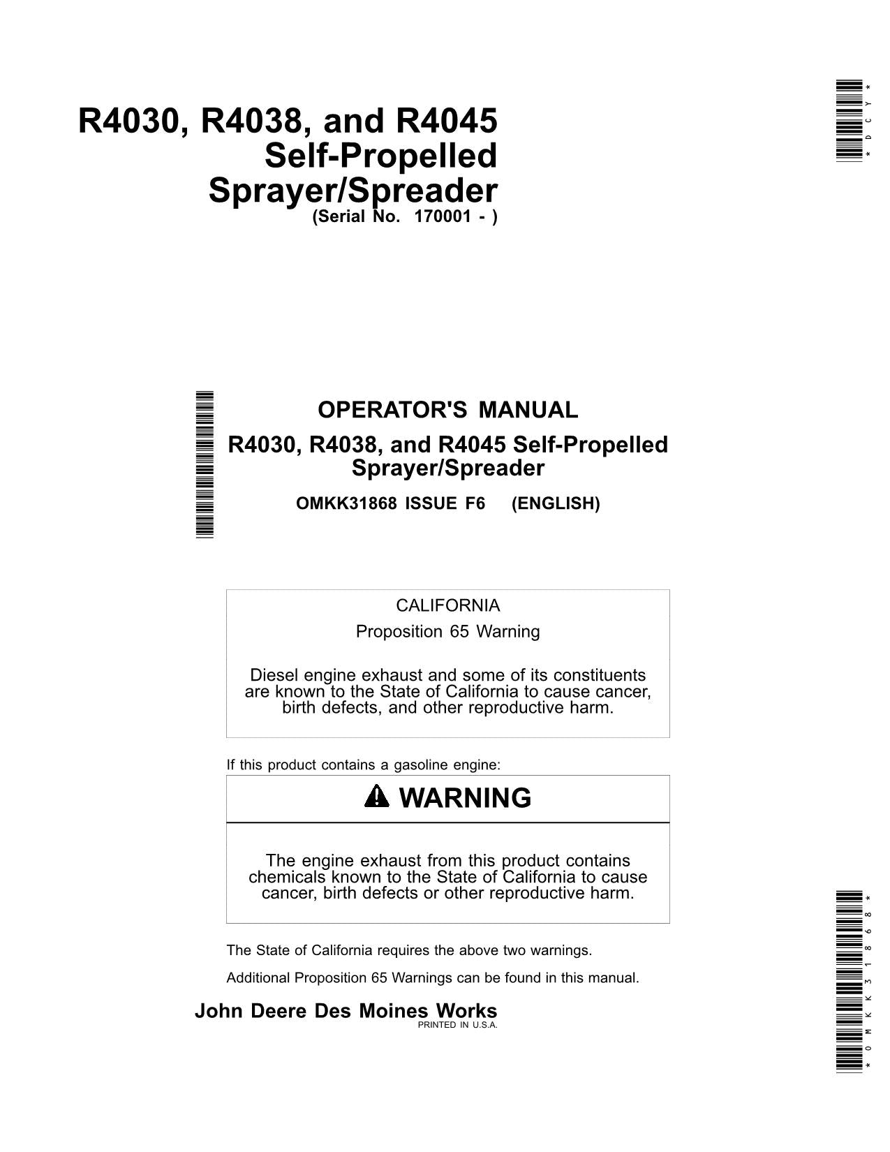 JOHN DEERE R4030  R4038  R4045 SPRAYER OPERATORS MANUAL #1