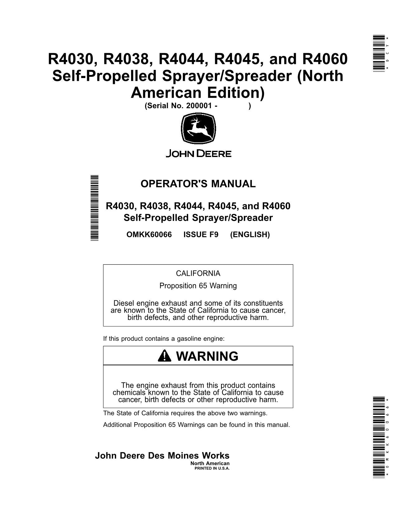 MANUEL D'UTILISATION DU PULVÉRISATEUR JOHN DEERE R4030 R4038 R4044 R4045 R4060 200001-