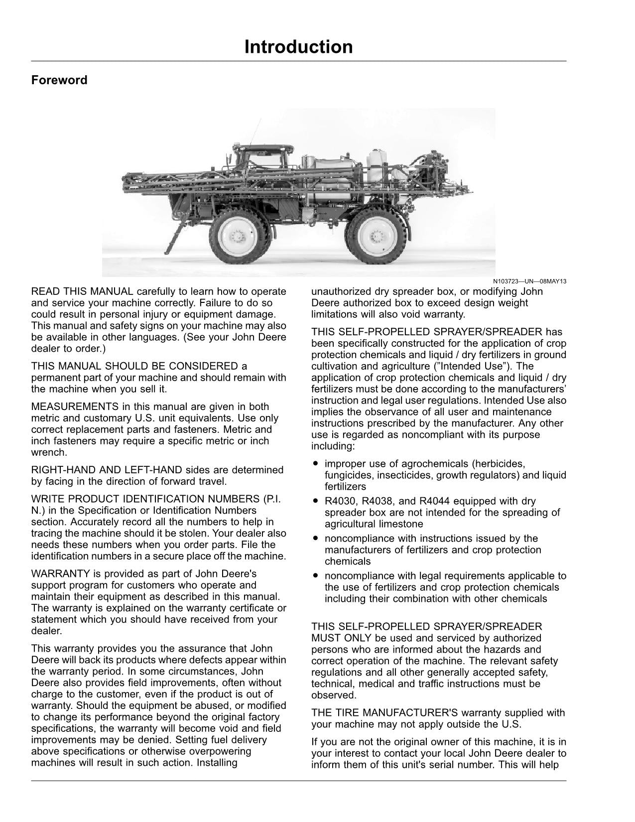 JOHN DEERE R4030 R4060 R4045 R4044 R4038 SPRÜHGERÄT-BEDIENUNGSANLEITUNG