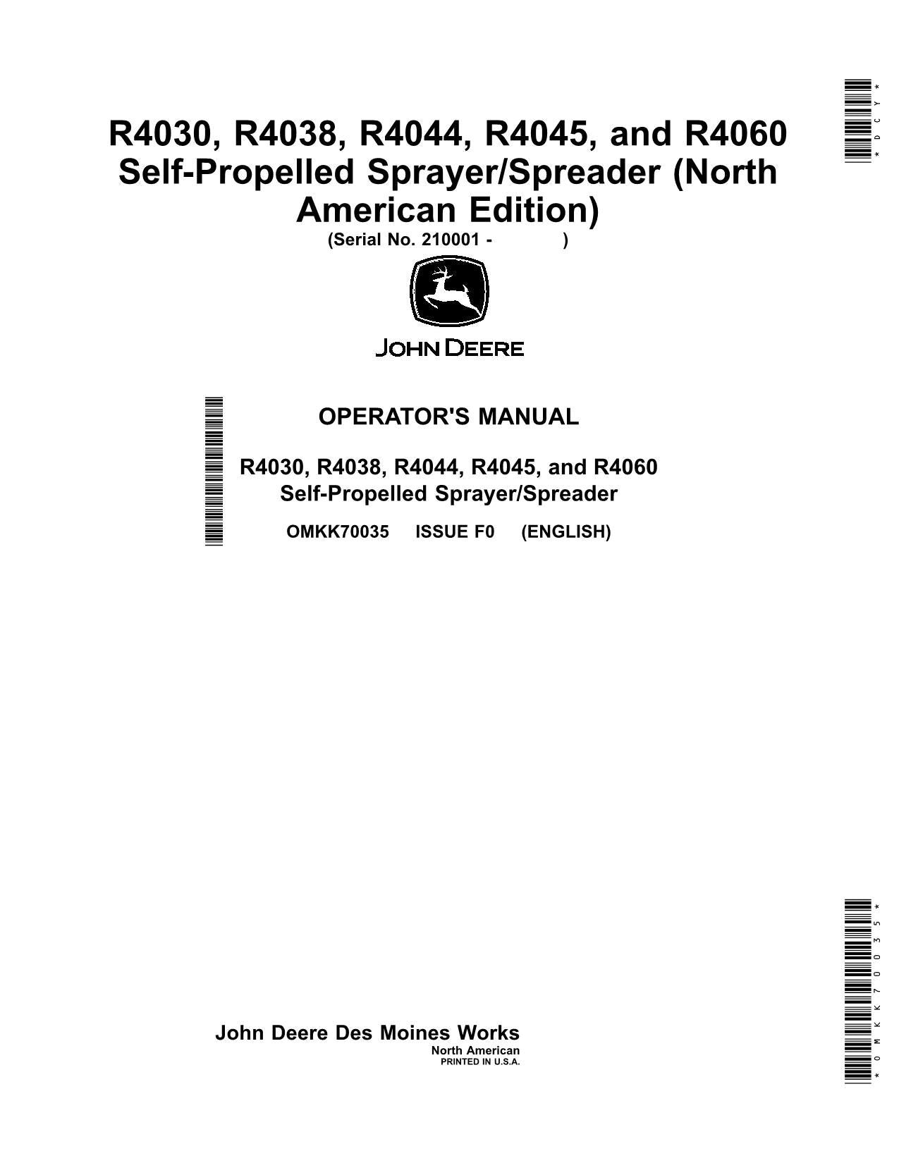 JOHN DEERE R4030  R4060  R4045  R4044  R4038 SPRAYER OPERATORS MANUAL