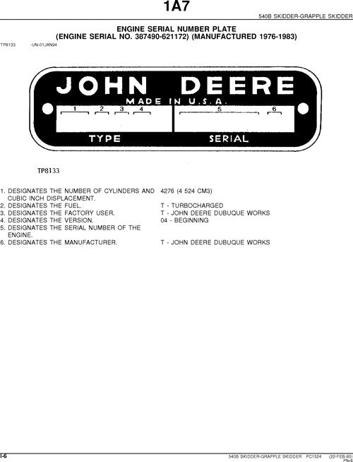 JOHN DEERE 540B SKIDDER PARTS CATALOG MANUAL