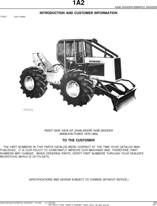 JOHN DEERE 540B SKIDDER PARTS CATALOG MANUAL