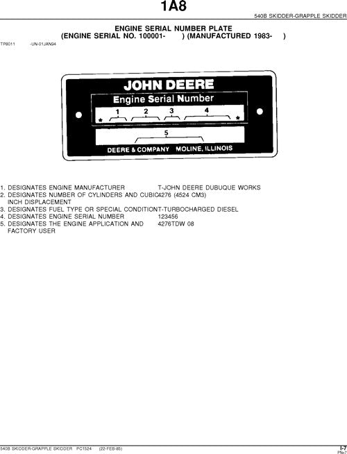 JOHN DEERE 540B SKIDDER PARTS CATALOG MANUAL