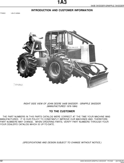 JOHN DEERE 540B SKIDDER PARTS CATALOG MANUAL