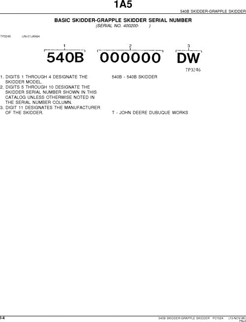 JOHN DEERE 540B SKIDDER PARTS CATALOG MANUAL