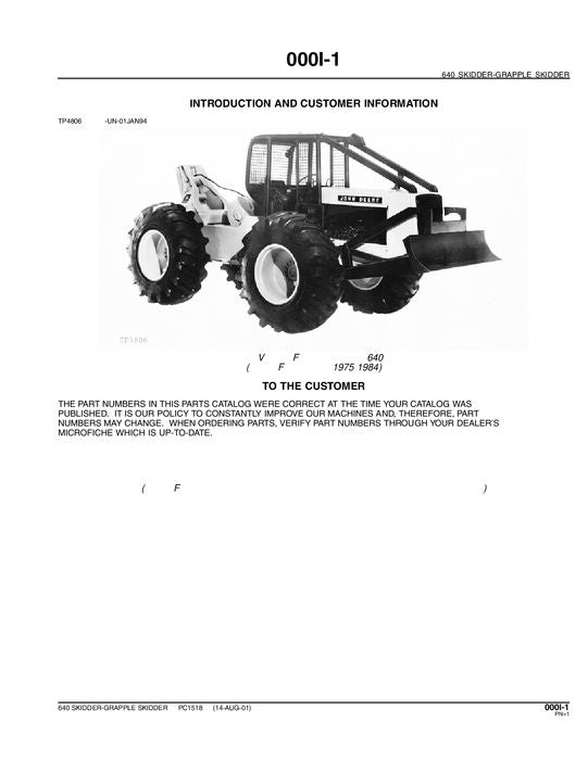 JOHN DEERE 640 SKIDDER PARTS CATALOG MANUAL