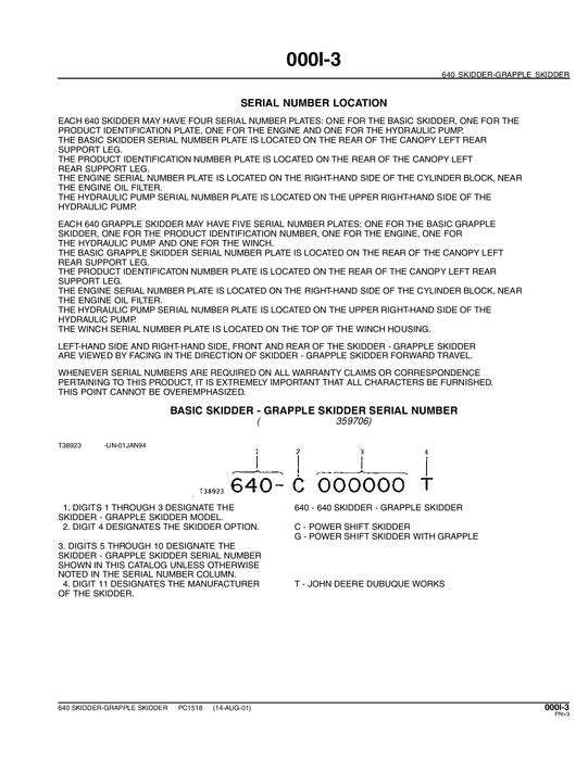 JOHN DEERE 640 SKIDDER PARTS CATALOG MANUAL