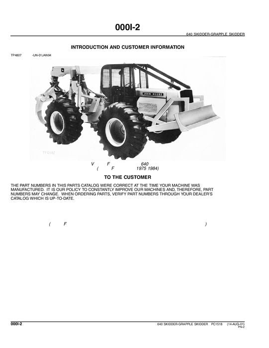 JOHN DEERE 640 SKIDDER PARTS CATALOG MANUAL