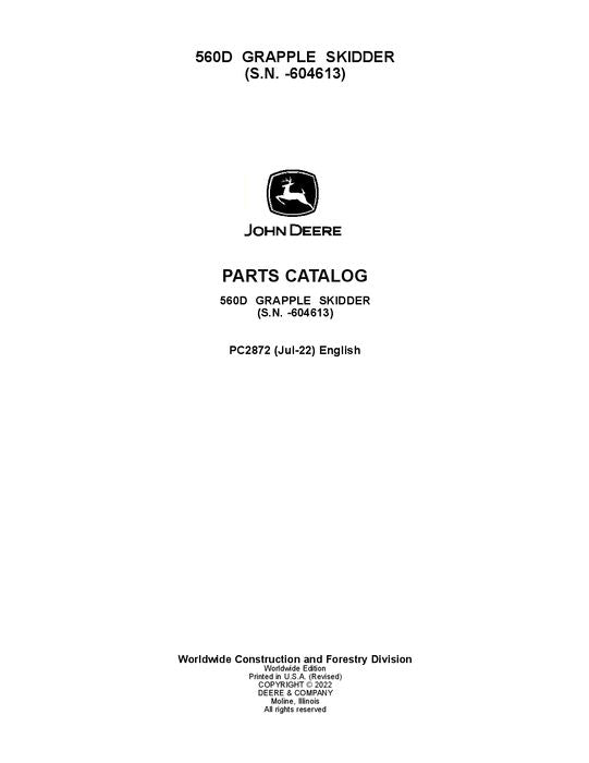 JOHN DEERE 560D SKIDDER PARTS CATALOG MANUAL