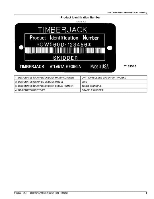 JOHN DEERE 560D SKIDDER PARTS CATALOG MANUAL