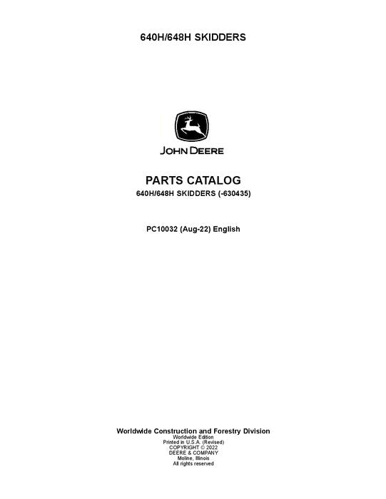 JOHN DEERE 640H 648H SKIDDER PARTS CATALOG MANUAL