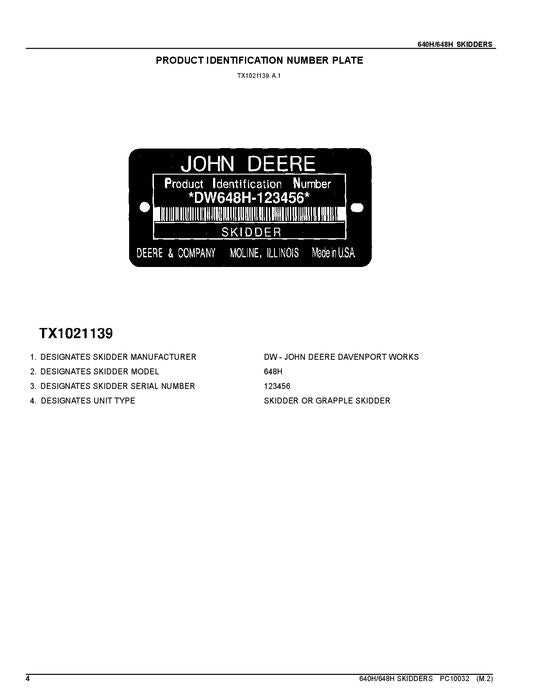 JOHN DEERE 640H 648H SKIDDER PARTS CATALOG MANUAL