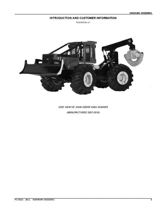 JOHN DEERE 640H 648H SKIDDER PARTS CATALOG MANUAL