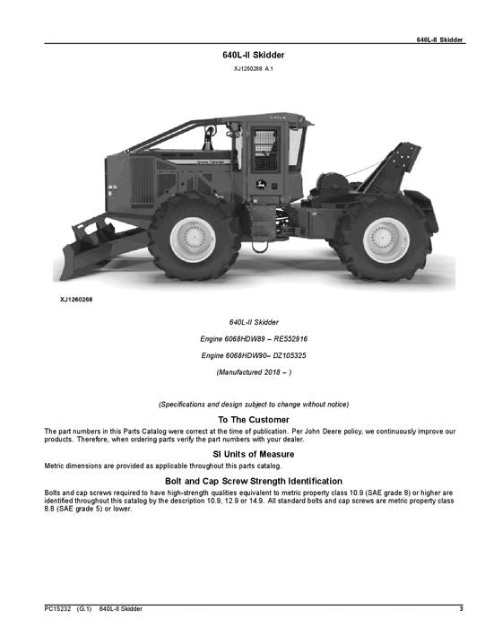 MANUEL DU CATALOGUE DES PIÈCES DE RECHANGE POUR DÉBUSQUEUSE JOHN DEERE 640L-II #1