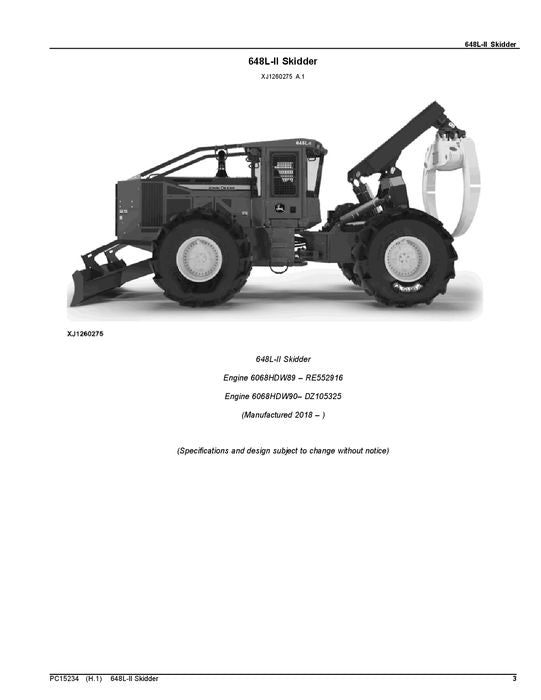 MANUEL DU CATALOGUE DES PIÈCES DE RECHANGE POUR DÉBUSQUEUSE JOHN DEERE 648L-II #1