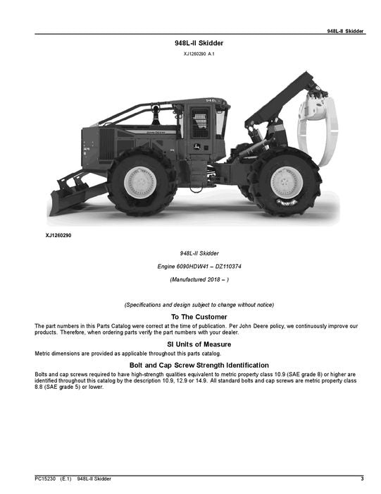 JOHN DEERE 948L-II SKIDDER PARTS CATALOG MANUAL #1