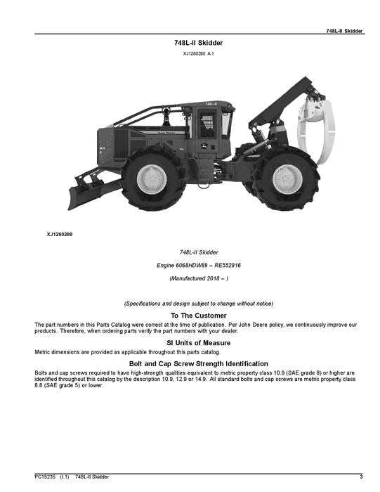 MANUEL DU CATALOGUE DES PIÈCES DE RECHANGE POUR DÉBUSQUEUSE JOHN DEERE 748L-II #1