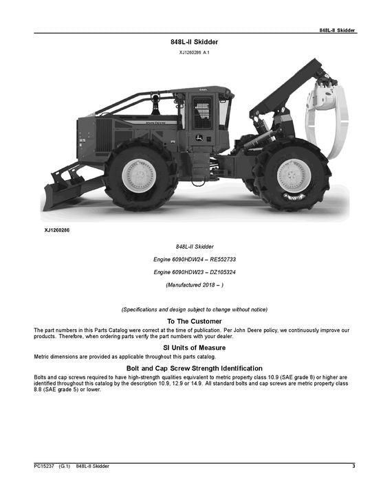 MANUEL DU CATALOGUE DES PIÈCES DE DÉBUSQUEUSE JOHN DEERE 848L-II C690814— D690814-