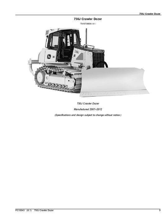 JOHN DEERE 750J CRAWLER DOZER PARTS CATALOG MANUAL S.N. 141344-