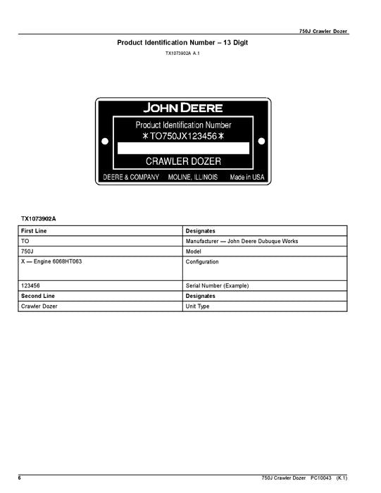 JOHN DEERE 750J CRAWLER DOZER PARTS CATALOG MANUAL S.N. 141344-