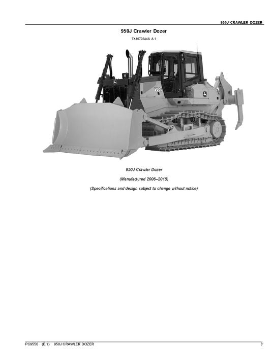 JOHN DEERE 950J CRAWLER DOZER PARTS CATALOG MANUAL