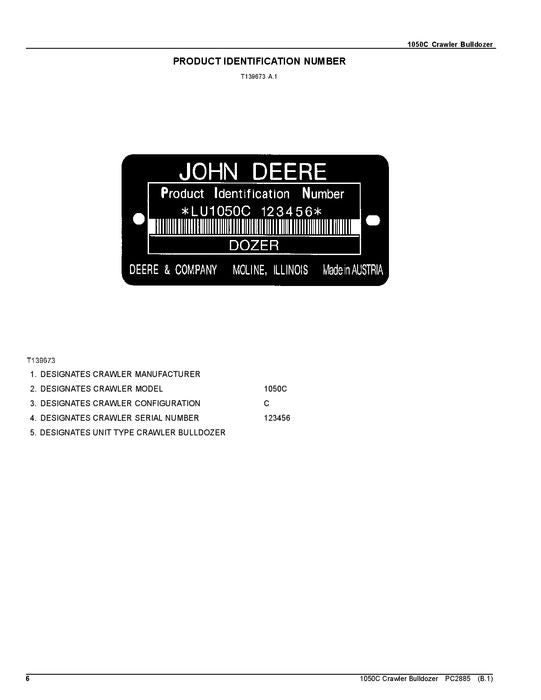 JOHN DEERE 1050C CRAWLER DOZER PARTS CATALOG MANUAL