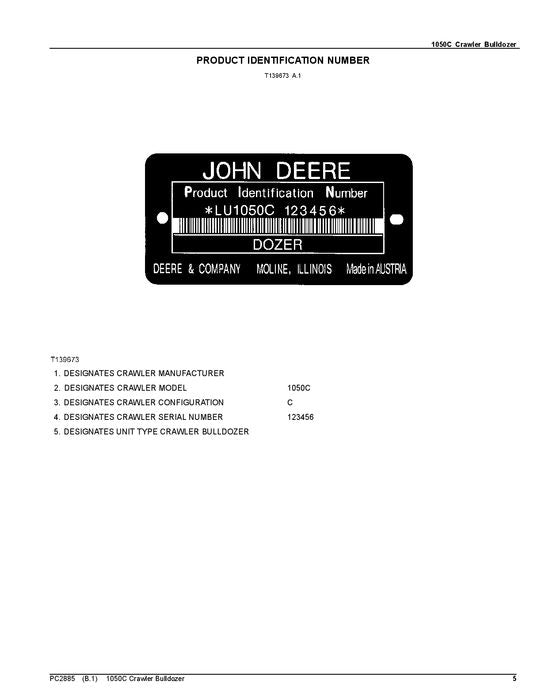 JOHN DEERE 1050C CRAWLER DOZER PARTS CATALOG MANUAL