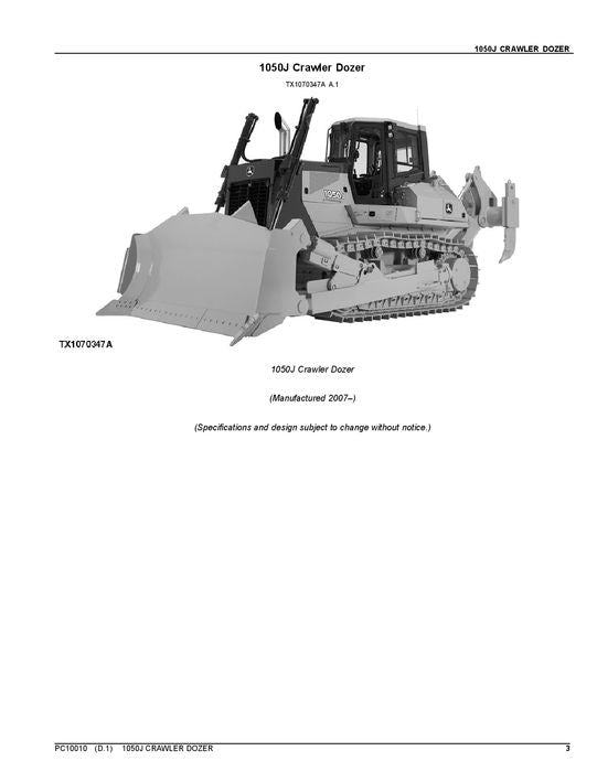 JOHN DEERE 1050J CRAWLER DOZER PARTS CATALOG MANUAL