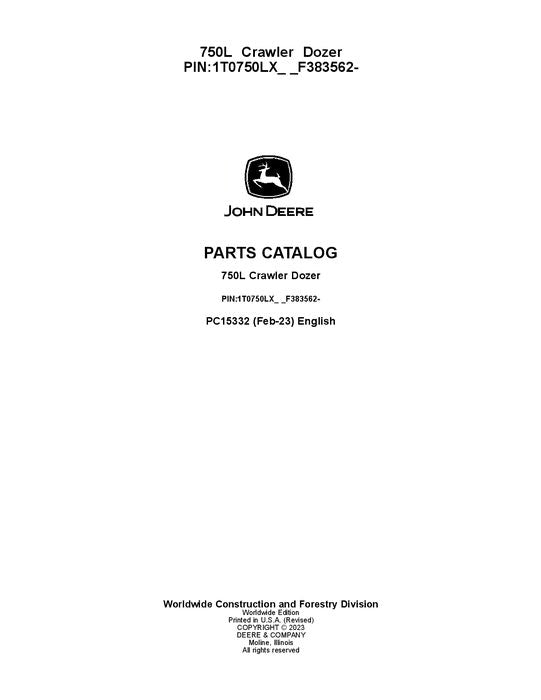 JOHN DEERE 750L CRAWLER DOZER PARTS CATALOG MANUAL