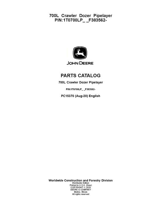 JOHN DEERE 700L PL CRAWLER DOZER PARTS CATALOG MANUAL