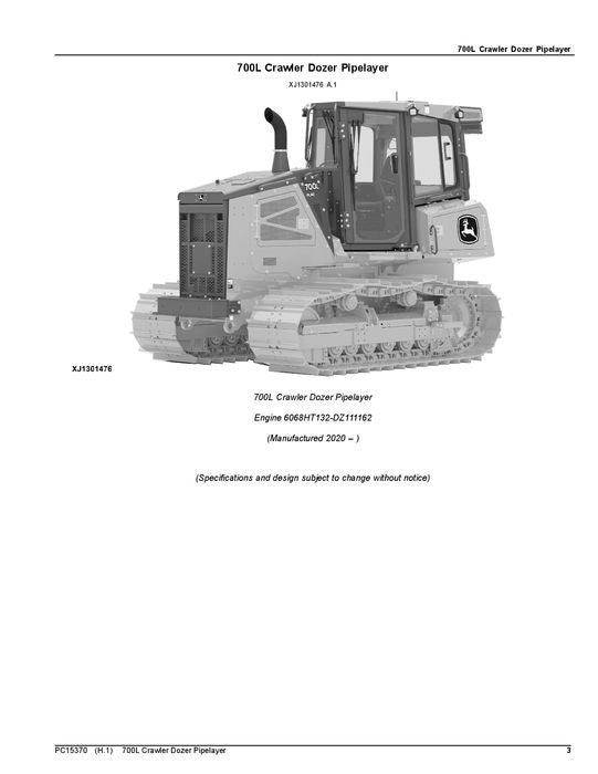 JOHN DEERE 700L PL CRAWLER DOZER PARTS CATALOG MANUAL