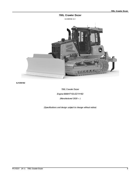 JOHN DEERE 700L CRAWLER DOZER PARTS CATALOG MANUAL