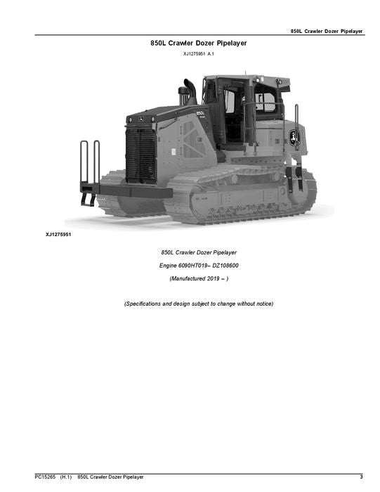 JOHN DEERE 850L PL CRAWLER DOZER PARTS CATALOG MANUAL