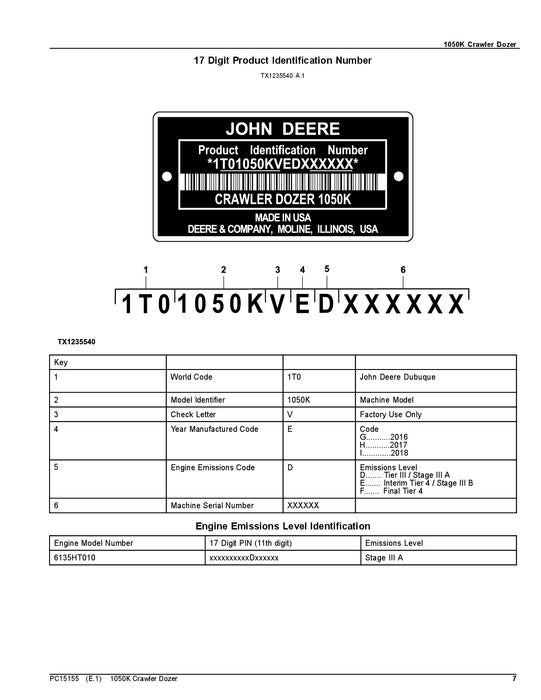 JOHN DEERE 1050K CRAWLER DOZER PARTS CATALOG MANUAL ser. 1T01050K_D268234—