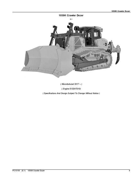 JOHN DEERE 1050K CRAWLER DOZER PARTS CATALOG MANUAL ser. 1T01050K_D268234—