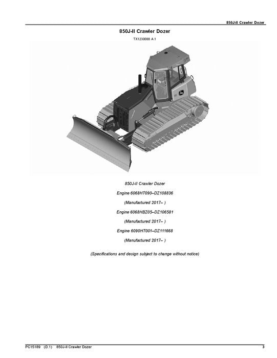 JOHN DEERE 850J-II CRAWLER DOZER PARTS CATALOG MANUAL serial 1BZ850JAAHC000001