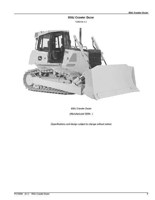 JOHN DEERE 850J CRAWLER DOZER PARTS CATALOG MANUAL 130886-