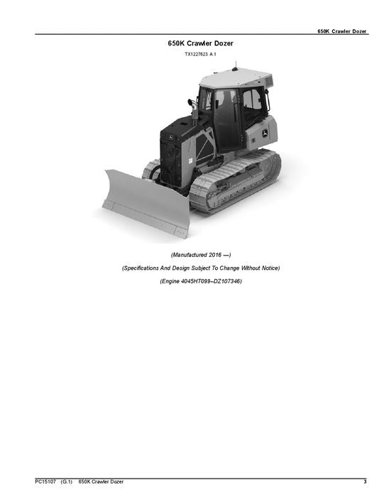 JOHN DEERE 650K CRAWLER DOZER PARTS CATALOG MANUAL 1T0650KK_ _F305399-