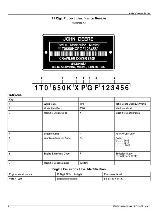 JOHN DEERE 650K CRAWLER DOZER PARTS CATALOG MANUAL 1T0650KK_ _F305399-