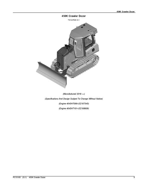 JOHN DEERE 450K CRAWLER DOZER PARTS CATALOG MANUAL