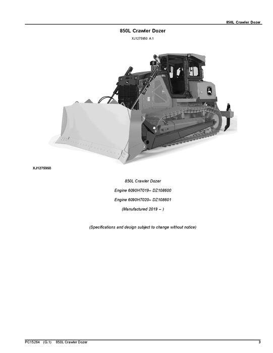 JOHN DEERE 850L CRAWLER DOZER PARTS CATALOG MANUAL 1T0850LX_ _F352989-