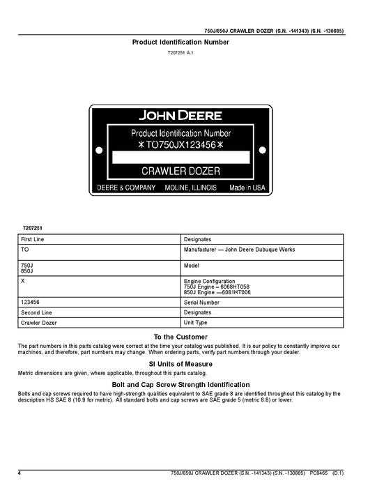 JOHN DEERE 750J CRAWLER DOZER PARTS CATALOG MANUAL 141343 -130885