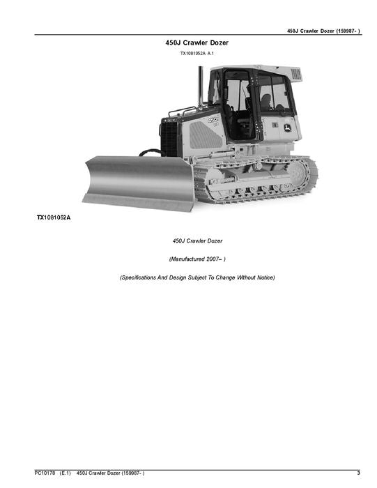 JOHN DEERE 450J CRAWLER DOZER PARTS CATALOG MANUAL