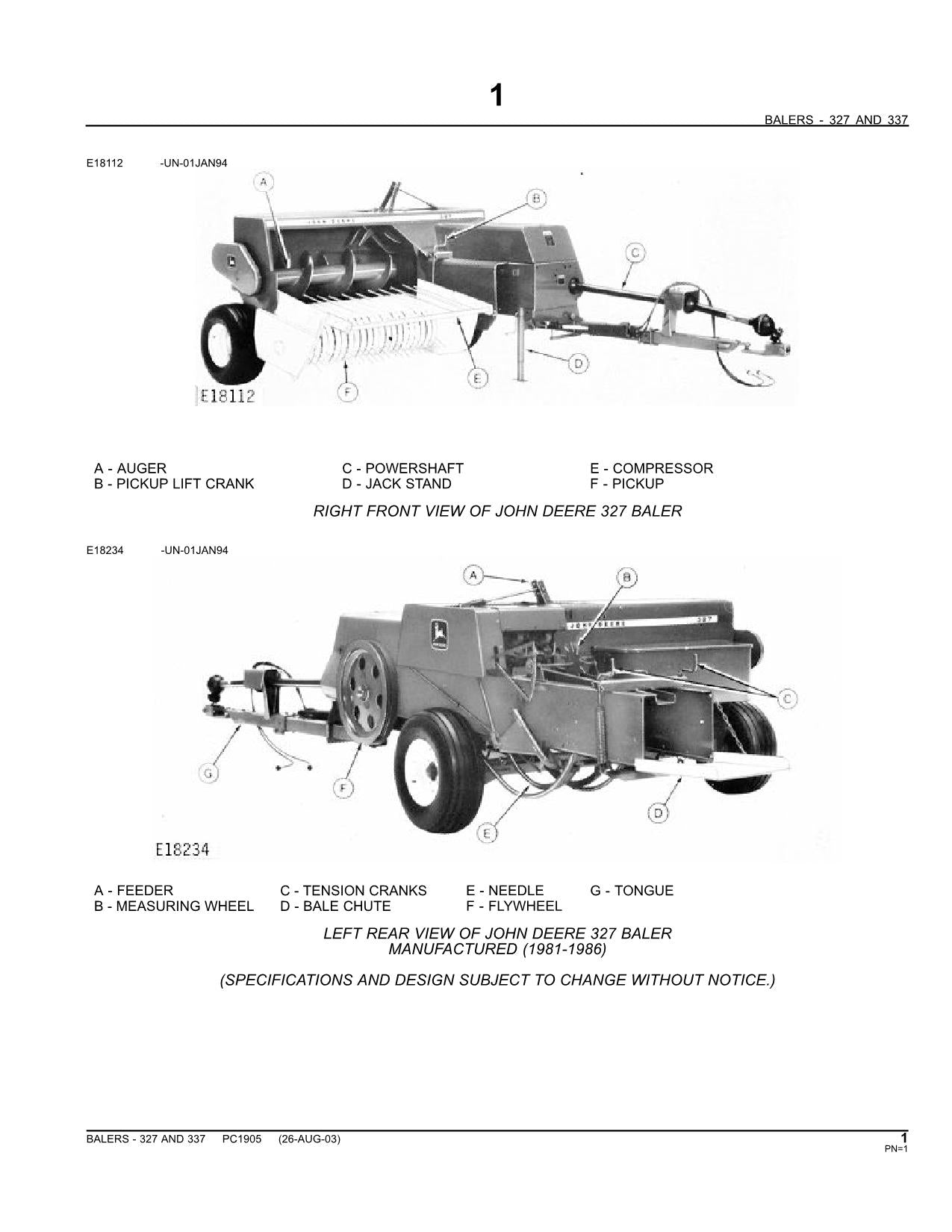 JOHN DEERE 327 337 SERIES BALER PARTS CATALOG MANUAL