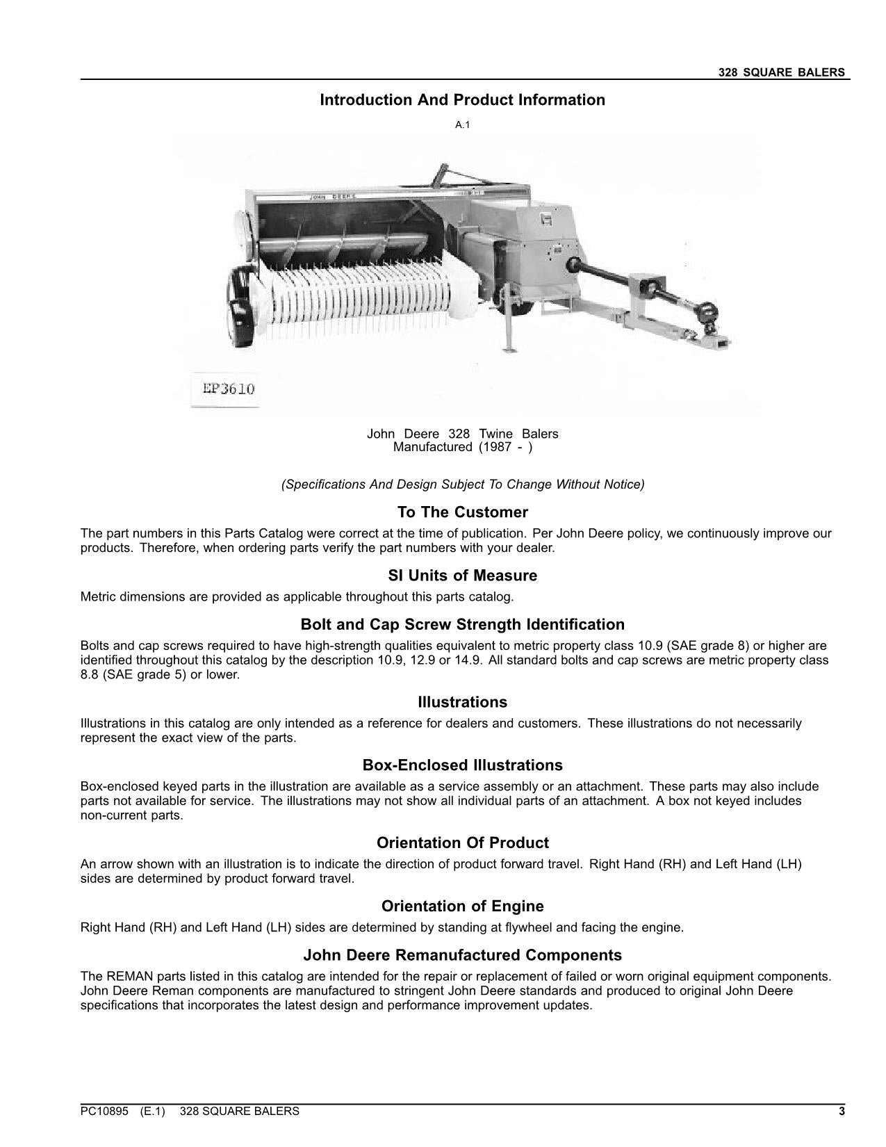 JOHN DEERE 328 SQUARE BALER PARTS CATALOG MANUAL