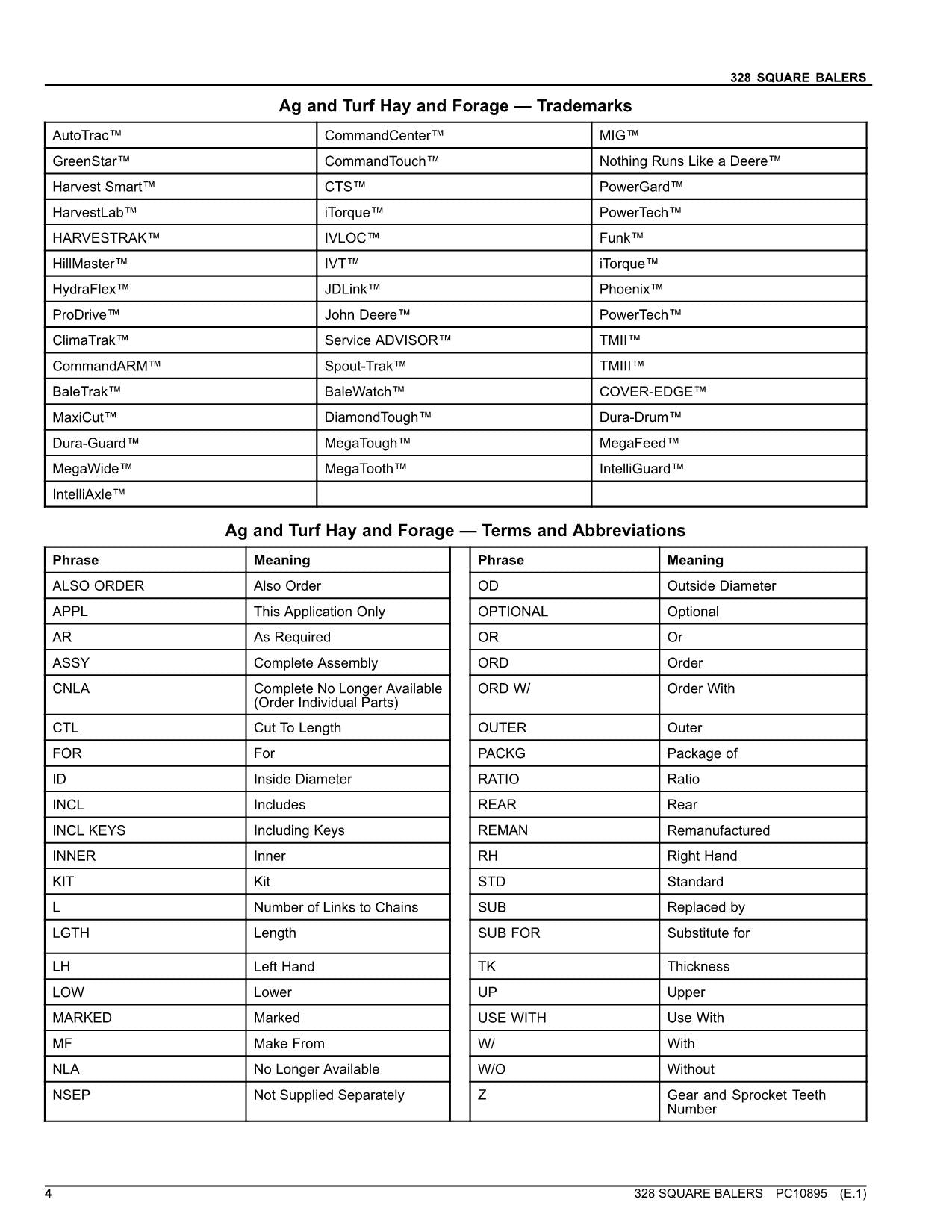 JOHN DEERE 328 SQUARE BALER PARTS CATALOG MANUAL