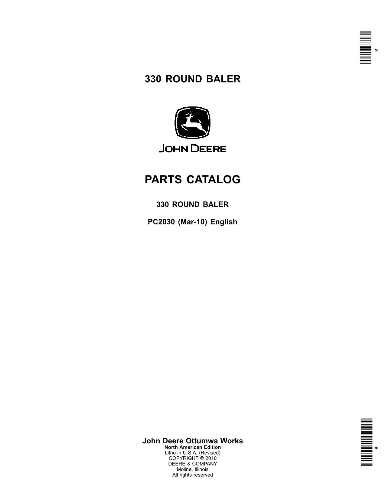 JOHN DEERE 330 ROUND BALER PARTS CATALOG MANUAL