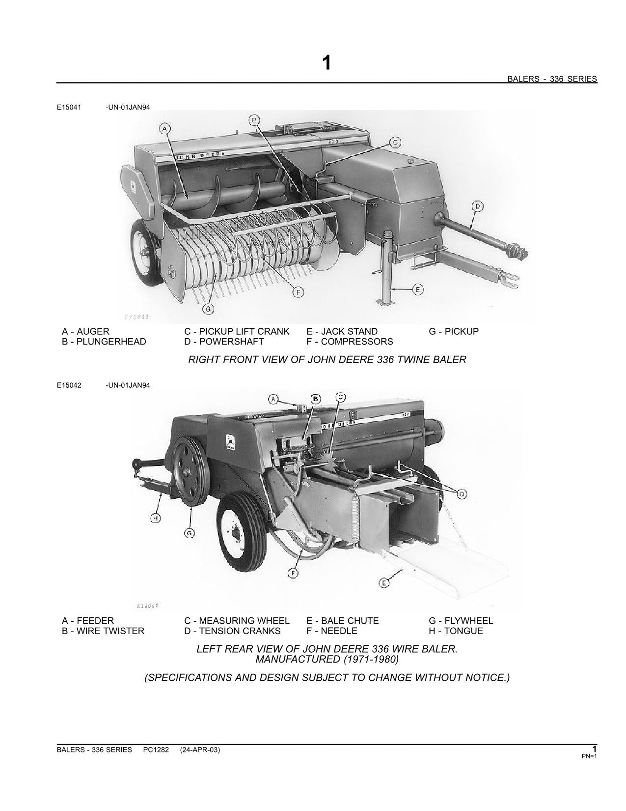 JOHN DEERE 336 SQUARE BALER PARTS CATALOG MANUAL