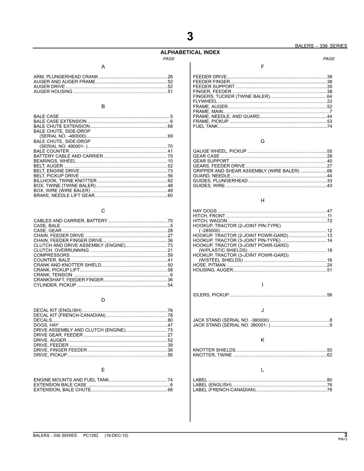 JOHN DEERE 336 SQUARE BALER PARTS CATALOG MANUAL