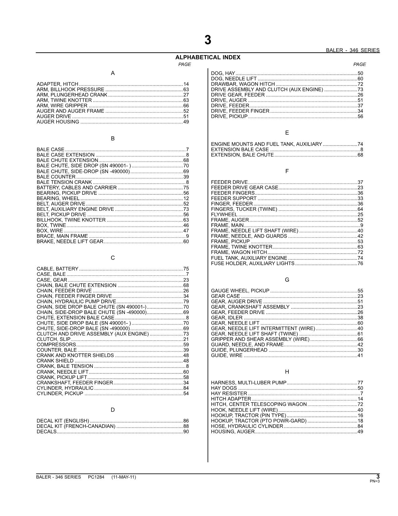 JOHN DEERE 346 SQUARE BALER PARTS CATALOG MANUAL